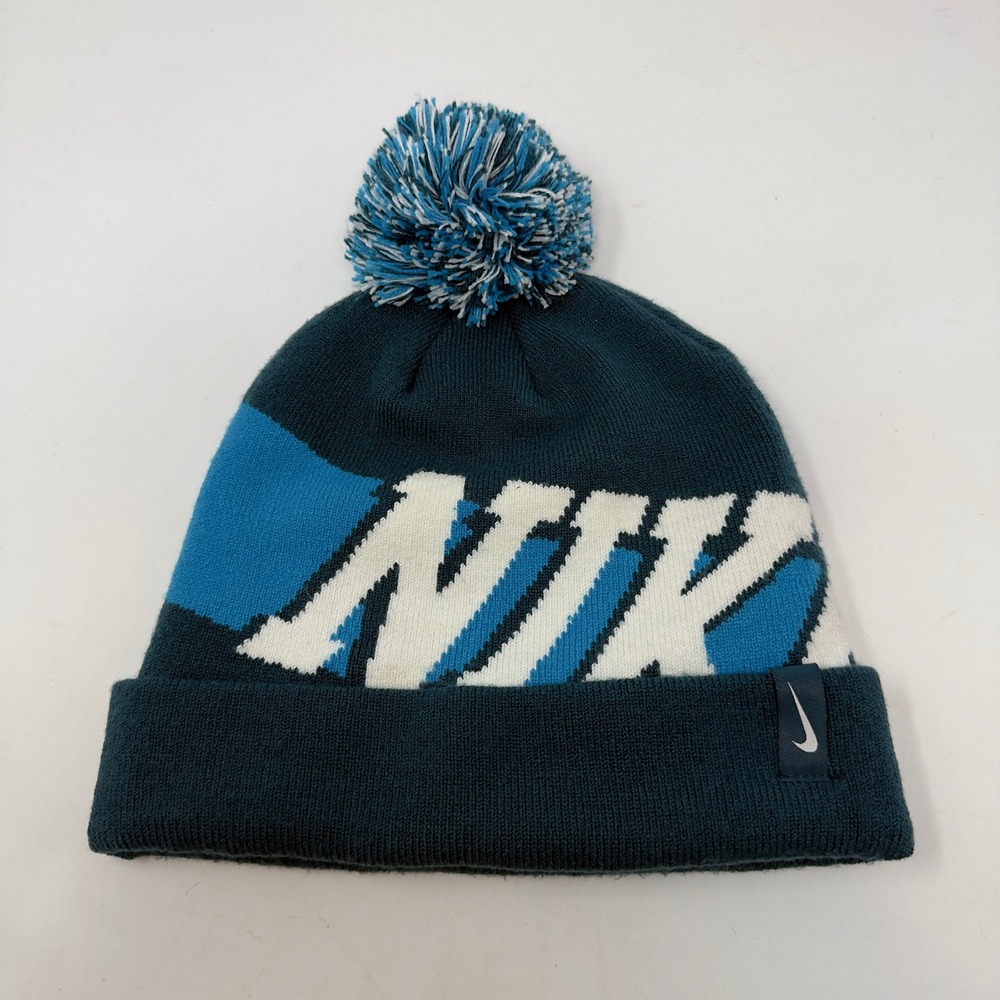 Nike Pom Pom Beanie Teal Blue White Cuffed Knit Hat 688789-307 OSFM